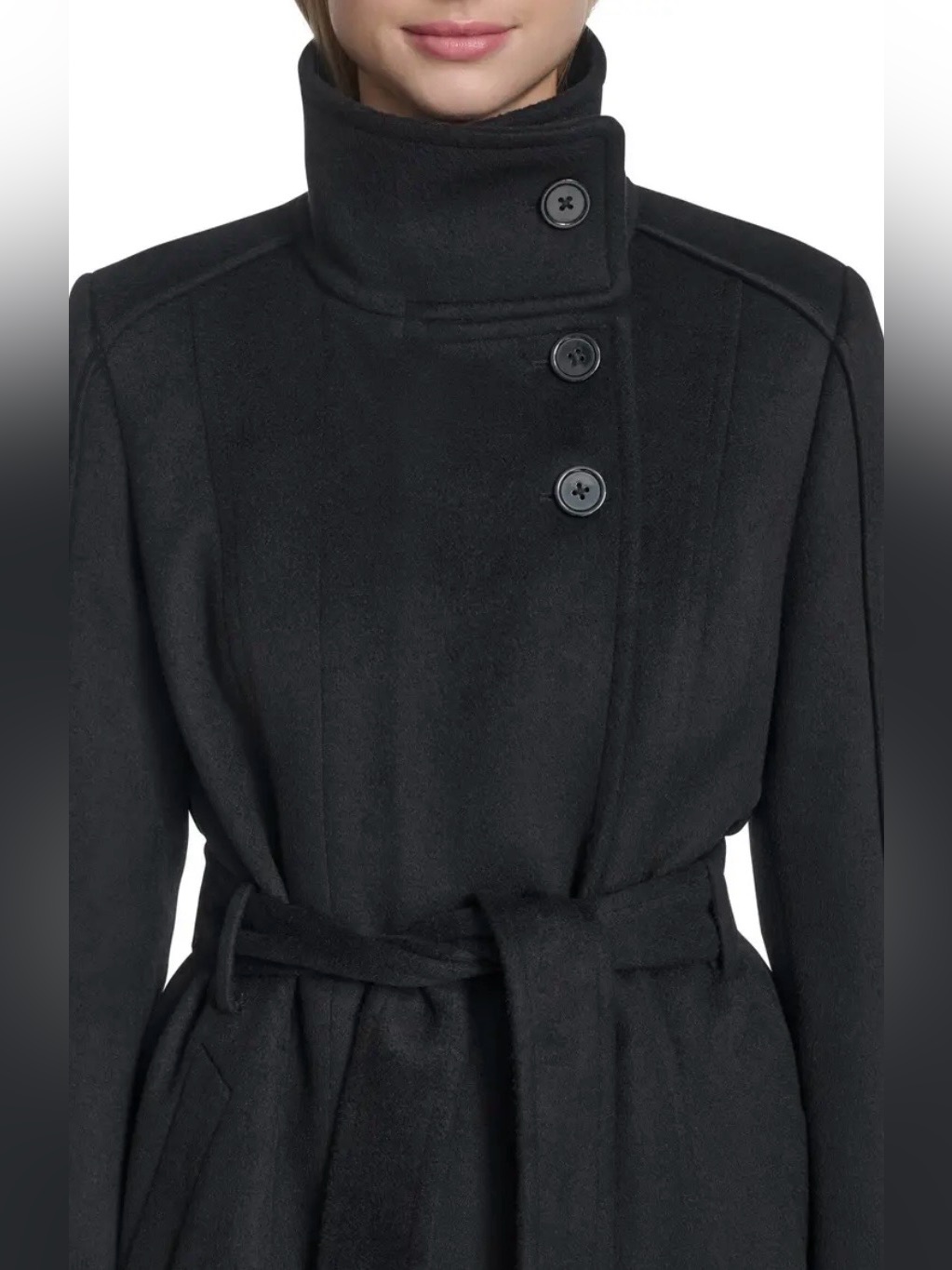 Cole Haan Black Slick Wool Asymmetric Zip Self Belted Signature Tag Coat Nwt 14 — image 2 of 8